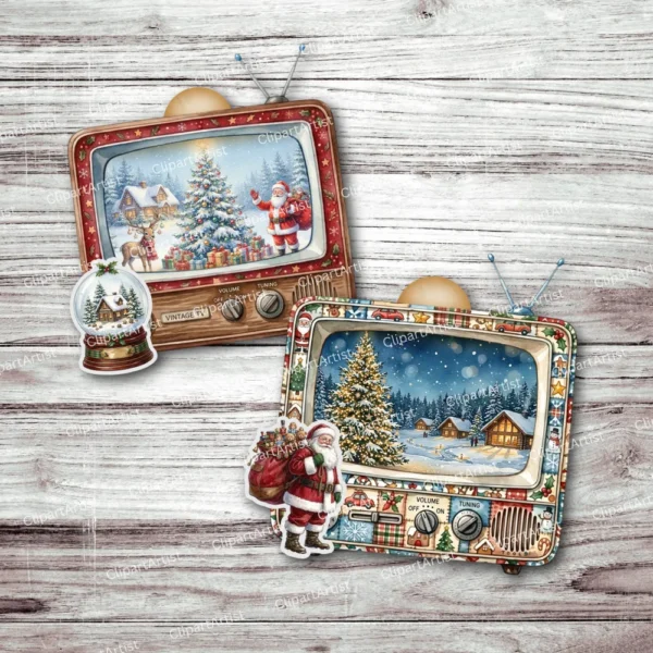 Christmas Vintage TV Pocket, Festive Pockets, X-mas Gift Cards, Junk Journal Kit, Winter Printable, Tab Folder, Loaded Tags