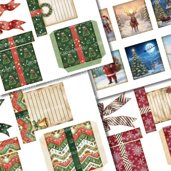Christmas Gift Pocket, X-mas Loaded Tags, Junk Journal Kit, Winter Printable, Bow, Cards, Ornament